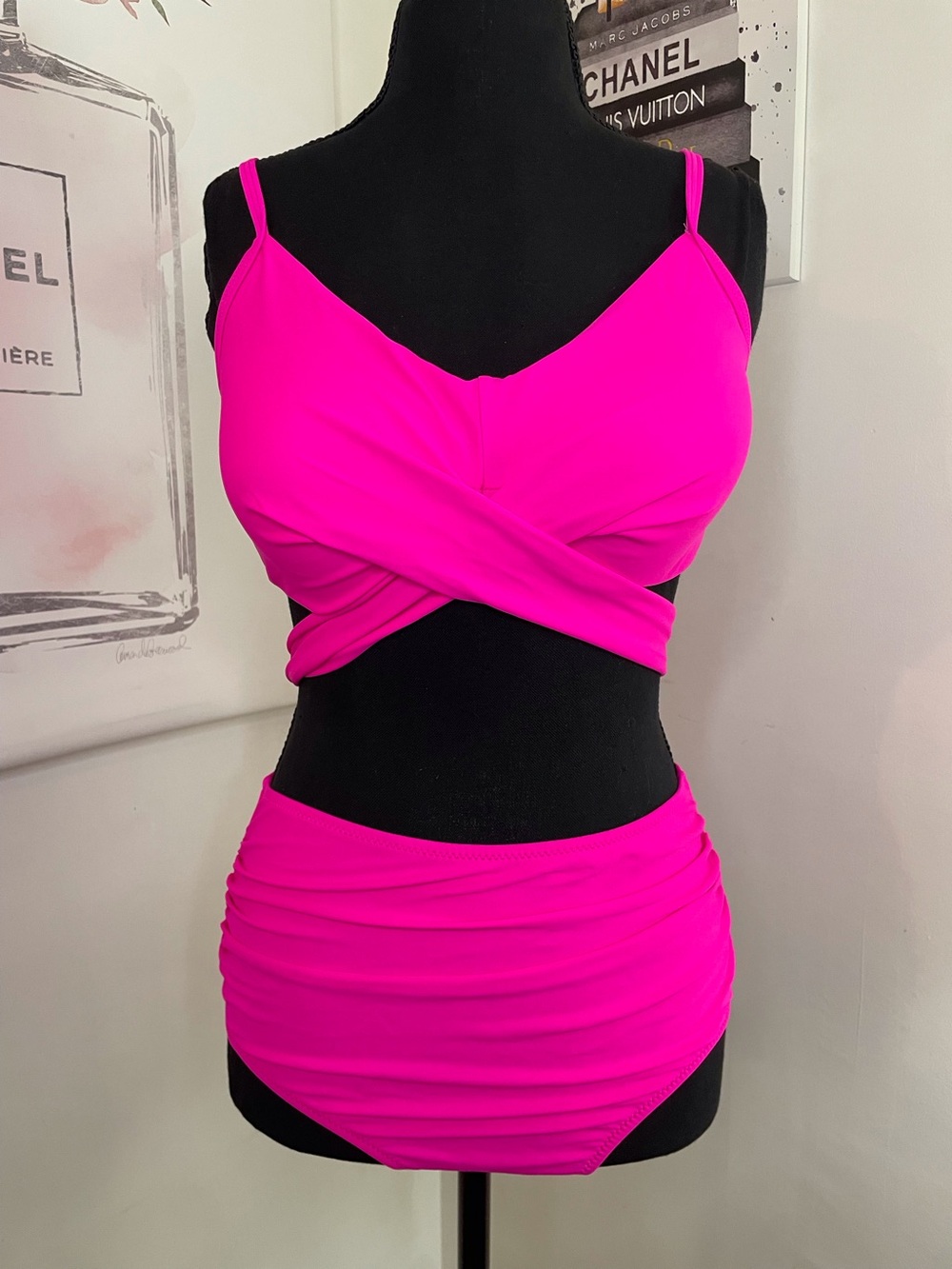 Cross Wrap Bikini Set with High Waisted Ruched Bottoms Hot Pink Size M